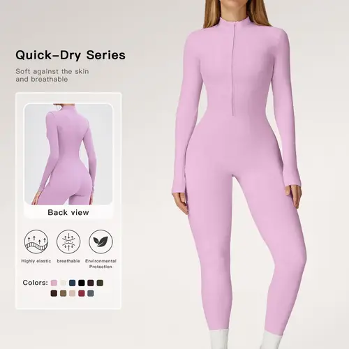 Women's Solid Zip Up Skiing Jumpsuit, Quick Drying Jumpsuit, Casual Sporty Long Sleeve Jumpsuit for Skiing Cycling, Ladies Sportswear for Fall & Winter