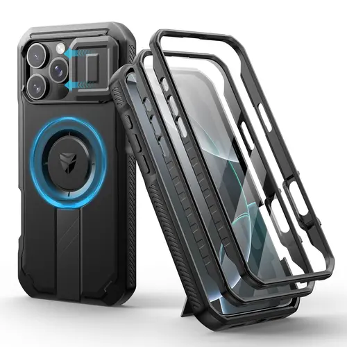 Dexnor Heavy-Duty Magnetic Smartphone Case for iPhone 17/16/15/14/13/12/e/Air Plus Pro Max - Slide Camera Cover, Adjustable Kickstand, Built-in Screen Protector, MagSafe-Compatible, Shockproof Bumper, Metal Accessories for Handheld & Landscape Devices
