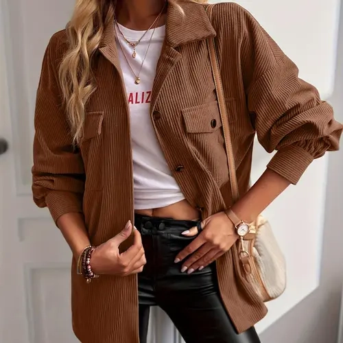Women's Solid Button Front Closure Collared Long Sleeve Corduroy Fit Jacket, Casual Drop Shoulder Outerwear, Casual Fashion Outerwear for Fall & Winter, Ladies Clothes for Daily Wear, Downtown Girl Clothes