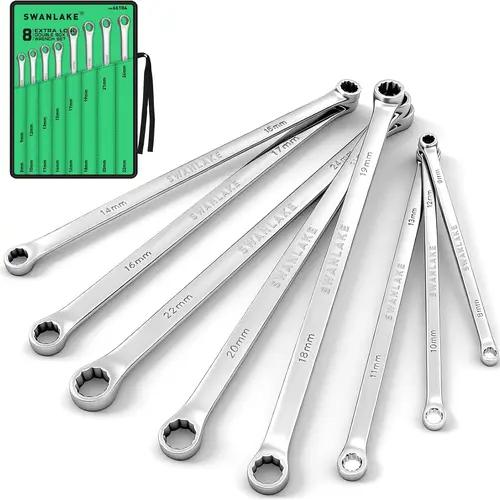 SWANLAKE 8PCS Extra Long Double Box End Wrench Set, Chrome Vanadium (CR-V) Less Effort Aviation Wrench, Metric 8mm-24mm Mechanic Equipment, Green Hand Tool Gift for Mechanics, Car Repair & DIY Maintenance, Tools For Mechanics
