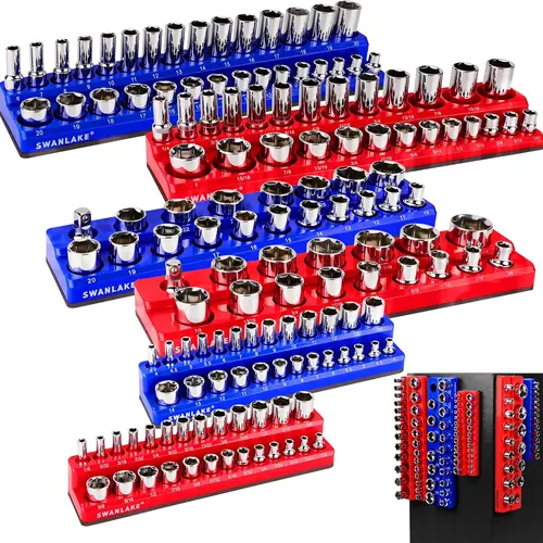 SWANLAKE 6-Piece Strong Magnet Socket Organizer Set for Mechanics, Fits 1/4"-1/2" SAE & Metric Sockets, 143-Slot Drive Trays, Soft Rubber Covering (Black Green), Garage Work Storage Tool Box Work Tools,toolupgrade