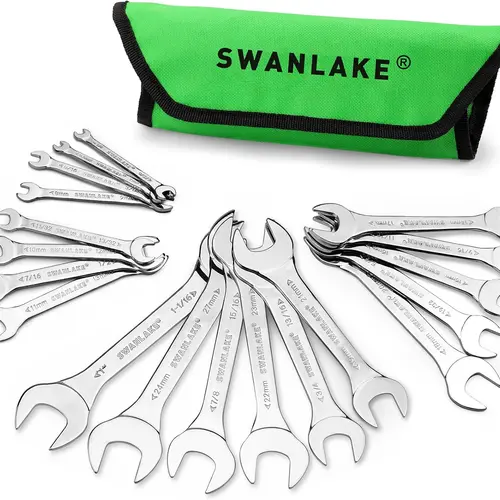 SWANLAKE 19Pcs Multifunctional Thin Profile Metal Wrench Set, Carbon Steel SAE (1/4"-1-1/16") & Metric (5.5mm-27mm) Open End Spanners with Rolling Pouch for Mechanics, Auto Repair & DIY Maintenance, Mechanic, Rolling Bag,toolupgrade