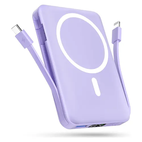 Podoru Multifunctional 10000mAh Durable Lithium Battery Magnetic Power Bank - 5-Port Silicone Portable Battery Powered Wireless MagSafe Charger with Built-in USB-C, Lightning Cables for iPhone 17/16/15/14/13/12 Series, Travel Device Accessory,sohochic