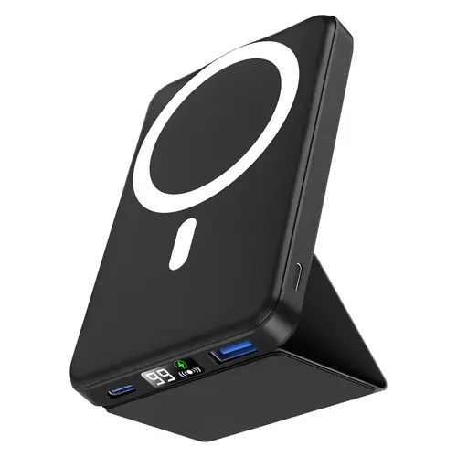Podoru 10000mAh Slim Magnetic MagSafe Portable Battery Charger Power Bank - 20W PD Fast Charging Emergency Pocket Charger, Silicone Durable, LED Display, Foldable Stand, Dual USB-C/Lightning Input Ports, Rechargeable for iPhone 17/16/15/14/13/12 Series, E