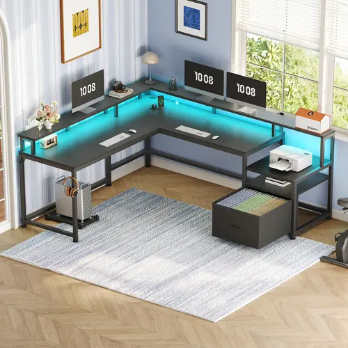 Sedeta 66-in LED L-Shaped Wooden Gaming Computer Desk with Storage - Reversible, Durable Modern Drawers Workstation, 1-2 Person Commercial Office Furniture, 96.4 inch Wooden Table, Assembly Required