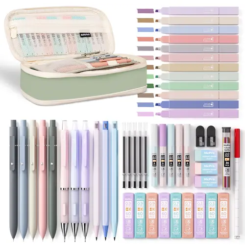 Nicpro 50-Piece Aesthetic Stationery Set with Pen Case - 5 Quick-Dry Retractable Black Ink Pens, 12 Pastel Highlighters, 6 Pastel Mechanical Pencils (0.5-0.7-0.9-2.0 mm) for Students