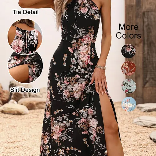 Women's Floral Print Split Thigh Halter Neck Dress, Tie Back Design, Boho Style, Sleeveless Long Dress, All Seasons, Elegant and Chic