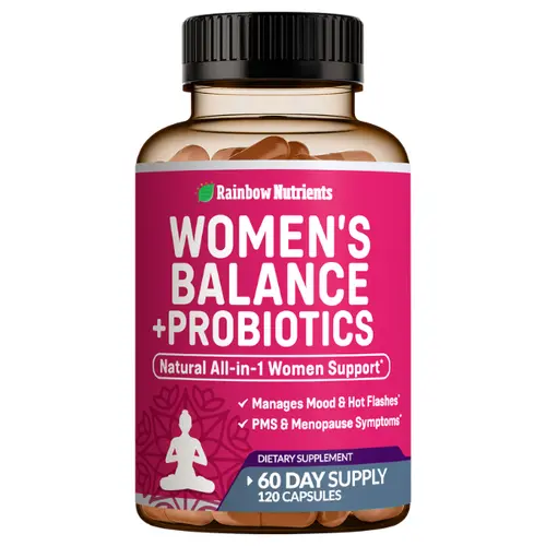 Rainbow Nutrients Women's Balance + Probiotics 10 Billion CFU | All-in-1 Women Supplement for Daily Balance pH Flora & Hormonal Health Support | Natural Support for Mood, PMS & Menopause symptoms | 120 Vegan Capsules | Non-GMO, All Natural ingredients