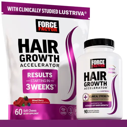 Force Factor Hair Growth Accelerator with Clinically Studied Lustriva to Promote Thicker, Stronger Hair, Biotin, Vitamin E & C, Mixed Berry, Soft Chew or Capsule