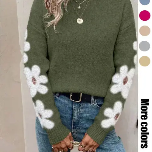 Women's New Loose Round-Neck Floral Pattern Long-Sleeve Pullover Sweater for Autumn and Winter, Elegant Casual Knitwear
