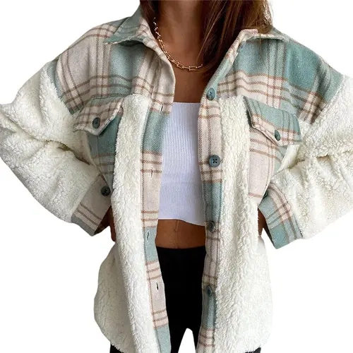 Women's Chic Fluffy Plaid Shacket, Leopard Print Spliced Sherpa Fleece Shirt Jacket, Casual Collared Long Sleeve Thermal Loose Tops, Skinny Style, Sleeves, Fuzzy