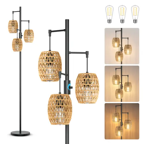 VALLERICO Ethereal Boho Coastal Farmhouse Rattan Metal Floor Lamp - 70in Dimmable Warm White 3-Light, Adjustable LEDs, 6W Each LED Lights, Shaded, for Bedrooms, Living Rooms, SohoChic