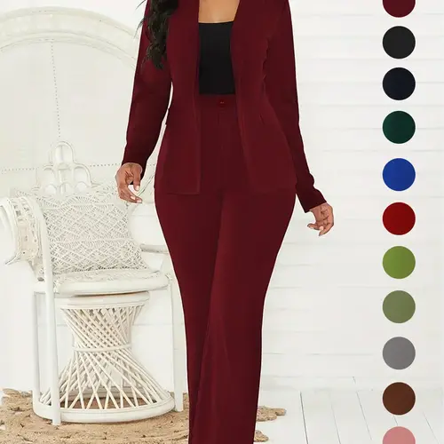 Women's Two-Piece Matching Set, Pants Set Outfit, Plain Button Lapel Fitted Blazer & Suit Pants, Business Casual Long Sleeve Outerwear & Trousers for Daily Outdoor Wear, Work Office Clothes, All Seasons, Essential Business Attire, Work Casual Blazers