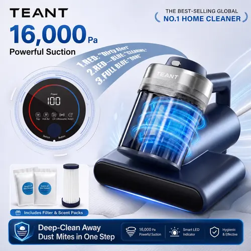 Teant Mattress Vacuum Cleaner for Dust Mites – 16kPa Powerful Suction UV-C Mattress Cleaner with Intelligent LED Display, 149°F Hot Air Sterilization, Aroma & Anion, HEPA Filter, Lightweight Deep Cleaner for Pet Hair on Bed, Sofa for Clean Living,sohochic