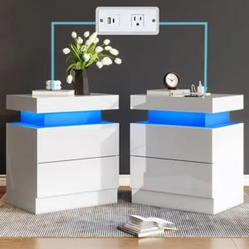 [TWO TABLES IN ONE BOX]VanAcc High Gloss Nightstand Set of 2 with Charging Station, Modern Bedside Table with LED Lights by App and Remote  Control, Sofa End Side Tables with Drawers, Minimalist Night Stand for Bedroom, Living Room #SohoChic