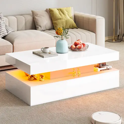 VanAcc High Gloss Coffee Table, Modern 2-Tier Center Table with LED Lights, Open Storage Space, 40in Simple Rectangular Sofa Side Table for Living Room, Office #SohoChic