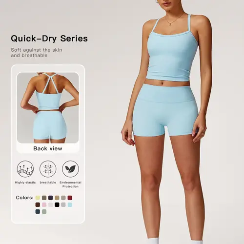 Women's Solid Backless Crop Cami Top & Shorts Set, Sporty Sleeveless Top & Skinny Shorts, Sportswear for Indoor and Outdoor Wear, Stretchable Activewear, Fitness Outfits, Yoga Wear, Athletic Style Activewear