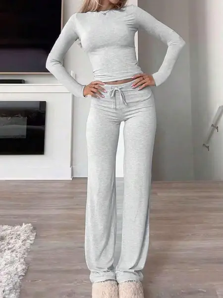 Women's Solid Long Sleeve Crop Top & Drawstring Waist Straight Leg Pants Loungewear Set, Casual Comfy Round Neck Top & Trousers PJ Set Pajamas, Ladies Sleepwear for Summer & Fall