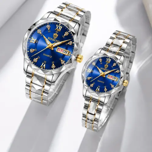 Couple Casual Water Resistant Watch, Quartz Analog Watches, Analog Wristwatches, Fashion Waterproof Round Dial Analog Stainless Steel Quartz Watch Set with Date & Week Display Function, Modern Accessories As Gift with Box