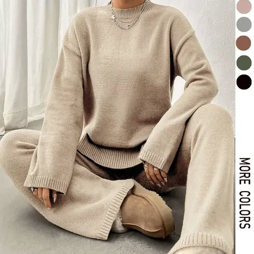 Plus Size Two-Piece Set Solid Mock Neck Drop Shoulder Sleeves Split Hem Sweater & Straight Leg Pants, Casual Fit Fashion Cozy Knitwear Set for Daily Outdoor Wear, Women Clothing for Fall & Winter, Womenswear
