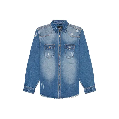 VICTORIOUS Distressed Denim Shirt – Heavyweight Button-Up with Pockets Fit Top