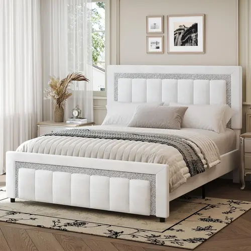 HOMBCK Queen Size Divan Bed Frame, Velvet Upholstered Diamond Soft Headboard, Vertical Channel Tufted, Adjustable Modes, No Mattress/Box Spring Needed, Easy Assembly, Installation Manual Included, Storage-Friendly Kids Friendly Modern Bedroom Bed Frame,so