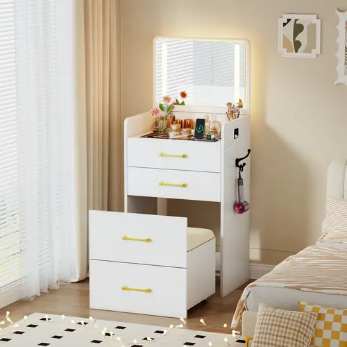 3 in 1 Miu Vanity with Mirror, 3-Color Adjustable Lighting, Cushioned Stool for Bedroom Organization & Beauty Routines,Compact 3-in-1 Makeup Vanity Desk