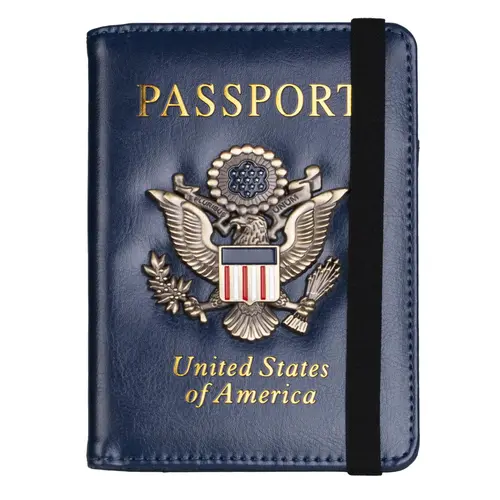 RFID Blocking Passport Holder for Women Men, Leather Passport Travel Wallet with Metal 3D Metal Badge, Travel Document Holder Cover Accessories (Dark Blue),sohochic