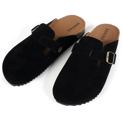 Intini Women's Adjustable Buckle Genuine Suede Mules - Breathable Lightweight Clogs, Plush Faux Fur-Lined, Cork Footbed, Arch Support, Ankle, Round Toe, Cuban Heel, Plain, Lightweight EVA Sole, Wet Floor Grip, Casual Black Street Walking Shoes,sohochic