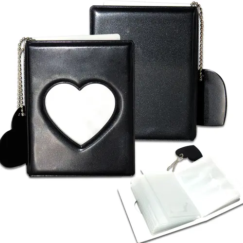 3-Inch Mini Album, Album Photocards Holder with 32 Pockets, Mirror-Like Binder & Heart Hollow Pendant, Black Office Binder Accessory, Photo Book Gift for Fans,sohochic