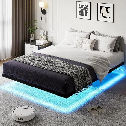 HOMBCK LED Lighting Floating Bed Frame - Heavy-Duty Steel Slat Metal Platform, No Mattress/Box Spring Needed, Easy to Assemble, Furniture for Home Essentials Apartment Use, Bed Frames#SohoChic#Homemakeover