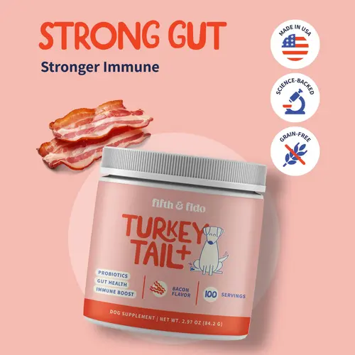 Fifth and Fido Turkey Tail-Reishi Mushrooms Dog Food Topper, Bacon Flavor, Probiotic Supplement, Universal for Dogs, Supports Immune & Gut Health, 500mg per Scoop, Made in USA