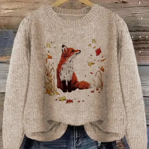 Women's Fox & Leaf Print Drop Shoulder Baggy Sweater, Casual Long Sleeve Round Neck Jumper for Fall & Winter, Fashion Ladies' Knitwear for Daily Wear