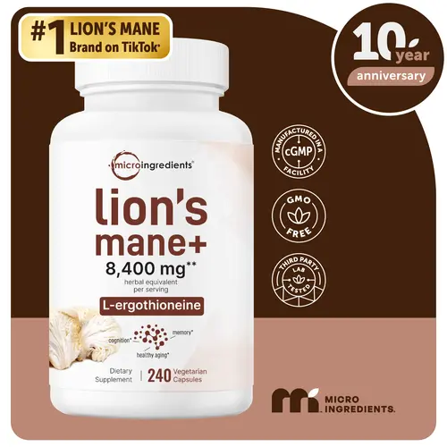 Micro Ingredients Lions Mane with L-Ergothioneine | 240 Vegan Capsules, 8,400 mg Herbal Equivalent,  Ultra Strength Lions Mane Supplement