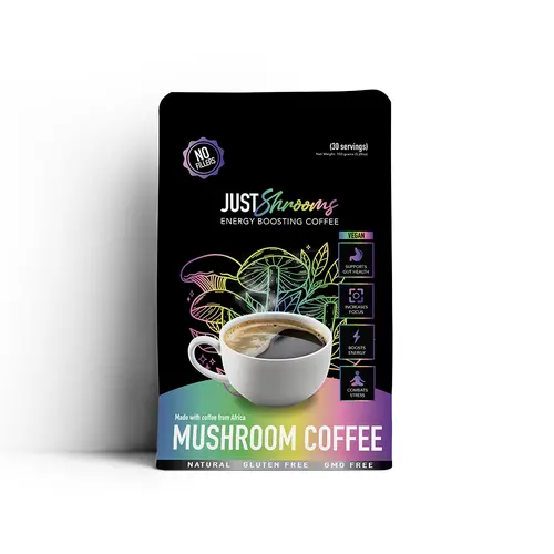 Just Move Supplements Just Shrooms Organic Vegan Functional Mushroom Coffee - Arabica Instant, Lion's Mane, Shiitake, Cordyceps, King Trumpet, Chaga, Cinnamon, 1mg Caffeine, 30 Servings, Sugar-Free, Gluten-Free, Focus & Gut Health Support