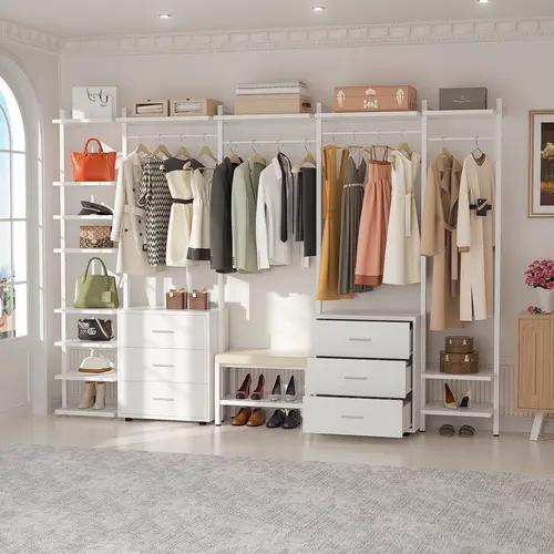 8FT Wooden Closet Organizer System - Stable MDF & Metal Furniture with 6 Wood Drawers, 96in Hangers, Shelves, 35 lbs per Rod Capacity, Closet Storage Cabinet for Home Organization, Shoe Rack Organizer