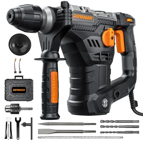 【toolupgrade】DOVAMAN RH15A 1-9/16 in SDS-Plus Rotary Hammer Drill Full Kit, 1500W Power, 4 Functions in 1 Knob, Safety Clutch, 6 Speeds, 4350BPM/900RPM, Concrete Drill Bit, Ideal for DIY Users, Concrete, Wood, Steel Power Tools
