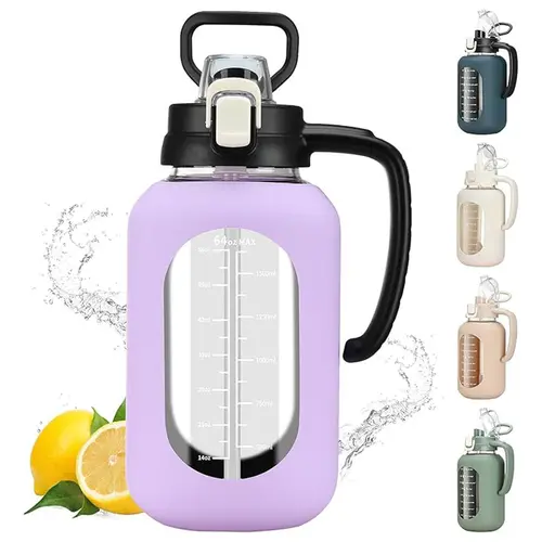 【WINSA】 64 oz Borosilicate Glass Water Bottle with Lid and Handle, Half Gallon Water Bottle with Time Marker, Large Water Bottle with Silicone Sleeve, Suitable for Coffee, Juice, Homemade Beverages, Hydration Tumbler, Water Bottle, Drinkware,sohochic