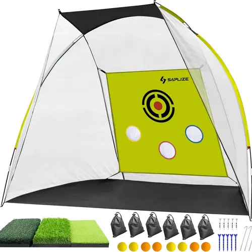 SAPLIZE Real-Ball Impact Hitting Net & Tri-Turf Mat Set, Upgraded Large Portable Golf Training Aids, Highly Stable Practice Equipment for Indoor-Outdoor Use, Golf Practice Equipment