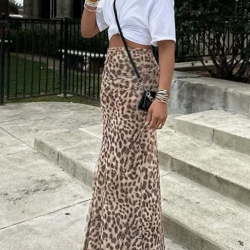 Women's High Waisted Elegant Leopard Print Mesh Skirt, Long Plain H-Type Slim-Fitting A-Line Split Design, Versatile Basic Fashion Bottoms