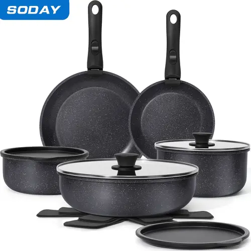 SODAY New 15pcs Detachable Handle Nonstick Cookware Set,Black/White, Pots and Pans, Oven safe Frying Pan, Dishwasher Safe,Kitchenware,stock up on specials,sohochic