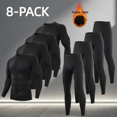 OKP Men's Thermal Underwear Set - Black Menswear Activewear, 2-Piece Solid Base Layer Top & Trouser, Quick-Drying Polyester-Spandex, Outdoor Winter Skiing & Running, Full Coverage (8 Pack),sohochic