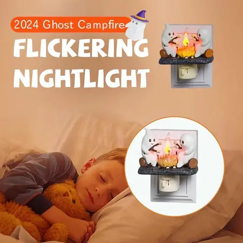FADDISHDEAL Adorable Ghosts Halloween Aesthetic LED Plug-In Rotatable Flickering Nightlight - Ghost Campfire Wall Light, Indoor Home Party Festive Decoration for Back-to-School Season,sohochic