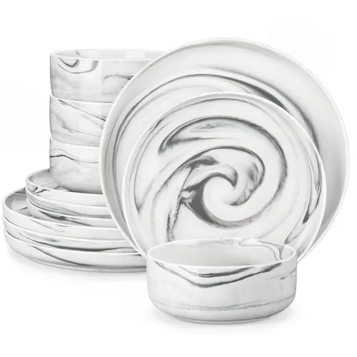 MALACASA LUNA Series Sturdy Porcelain Dinnerware Sets - 12/18-Piece Minimalist Bowl & Cutlery Sets for Adults, Chip-Resistant Household Items, Microwave-Safe, Odor-Free, Everyday Home Use (Service for 4/6)