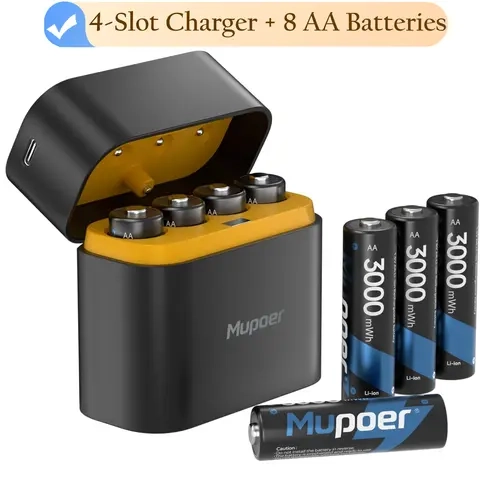 Mupoer Rechargeable AA Batteries Lithium with Charger | 1.5V 3000mWh Double A Battery Rechargeable,Long Lasting Pilas Recargables Lithium ion AA Battery with Charging Storage Box for Blink Outdoor, Xbox Controller