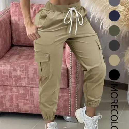 Women's Plain Drawstring Waist Cargo Pants, Casual Pocket Trousers for Daily Wear, Ladies Bottoms for All Seasons, Casual Fit Pants, Casual Style Bottoms