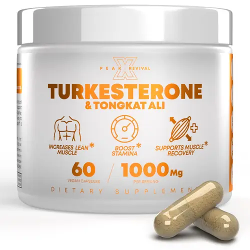 Peak Revival-X Natural Testosterone Booster for Men - Turkesterone 1000mg, Tongkat Ali, Colostrum - Strength, Stamina, Energy, Recovery Support, Lean Muscle Growth - Eurofins Tested Pre Workout Pills, 60 Capsules Fitness Supplement, Fitness Endurance Supp