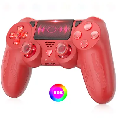 Wireless Controller for PS4, RGB Lights Gamepad with Unique Cracked Design/Dual Vibration/6-Axis Motion Sensor/Audio Function, Game Controller Widely Compatible with PS4/PC(Red)
