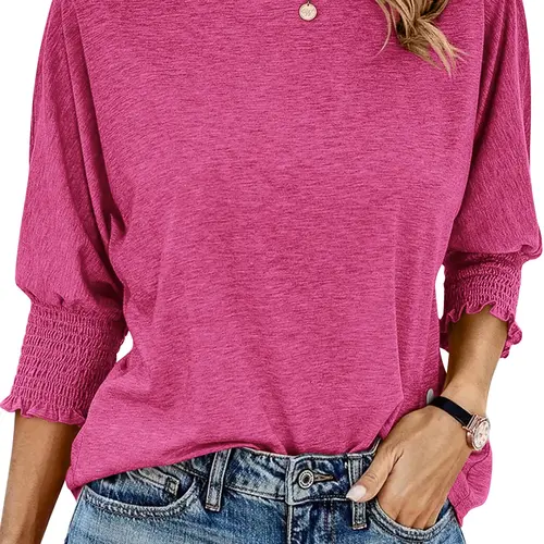 BTFBM Women's Casual Tops, 3/4 Puff Sleeve Crewneck Loose Babydoll Blouses for Summer and Fall
