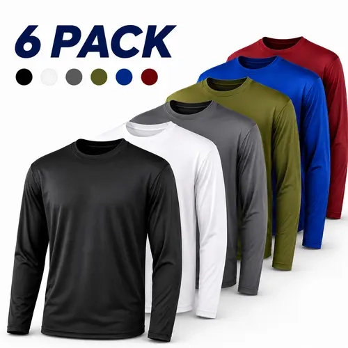 OKP Men's 6-Pack Solid Polyester UPF Fabric Long Sleeve Athletic Tops, Breathable Crew Neck Sportswear for Fall Winter Gym Training & Sports